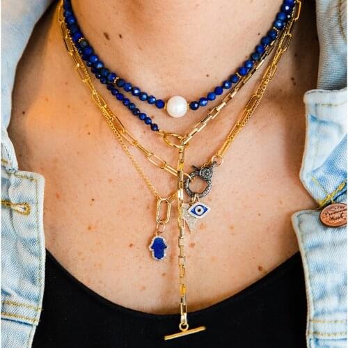 2021 fashion long crystal natural stone chunky wraps gemstone Sleek Sloan Lapis beaded chain lariat necklace women jewelry gifts