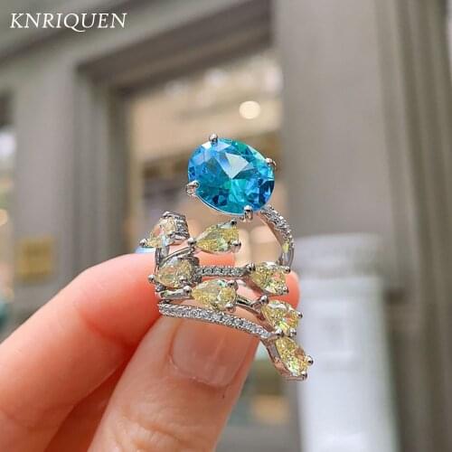 2021 New Charms 925 Sterling Silver 10*12MM Paraiba Tourmaline Topaz Open Rings for Women Cocktail Wedding Bands Fine Jewelry