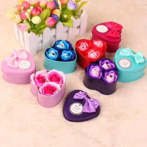3pcs Rose Soap Flowers Heart-shaped Tin Box Wedding Decoration Gift Home Decor Wedding Artificial Flower