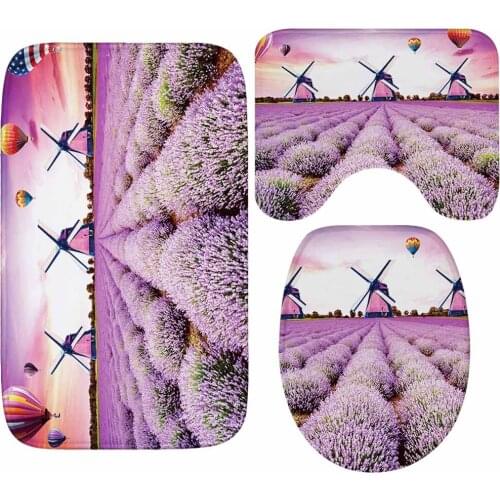Butterfly Lavender Printed 3Pcs Bathroom Carpets Set Washable Toilet Bath Mats Microfiber Floor Mats Shower Room Rugs