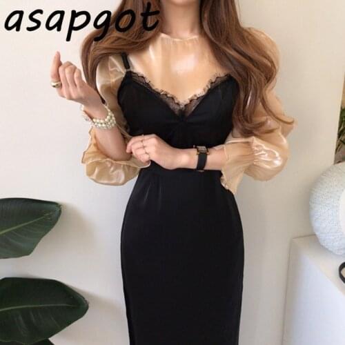 Asapgot Chic Korea O Neck Transparent Chiffon Lantern Sleeve Shirt Lace Stitching Black Spaghetti Strap Dress Retro Sexy Wild