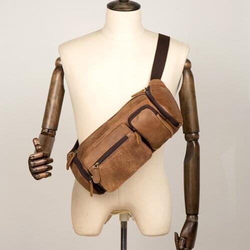 Crazy Horse Leather simple vintage chest bag mens shoulder messenger belt bag heuptas male women waist fanny pack mujer bum bag