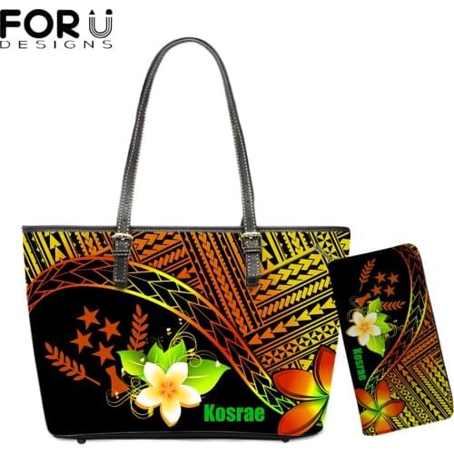 FORUDESIGNS Kosrae Flag With Polynesian Plumeria Printing Women Shoulder Bag 2Pcs Crossbody Bags&Purse PU Messenger Bags Handbag