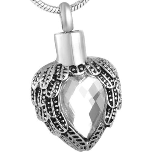 IJD8719 Angel Wing Feather Wrapped Crystal Heart Memorial Urn Pendant Ashes Holder Keepsake Cremation Necklace Jewelry for Ashes