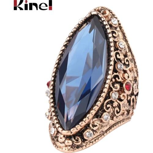 Kinel Hot Fashion Big Crystal Ring Ancient Gold Vintage Jewelry Unique Blue Rings For Women Party Christmas Gift Drop Shipping