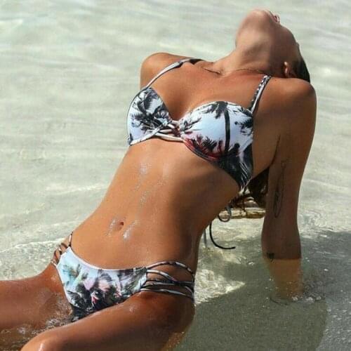 Coconut Tree Bikini Set Women Printed Bikinis Push Up Bathing Suit Bandage Swimsuit Bandeau Swimwear Floral Beachwear Trikini