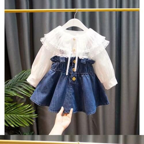 2pcs Dess Sets Dess And T Shirt Cotton Denim Baby Girls Dress Long Sleeve Child Clothing