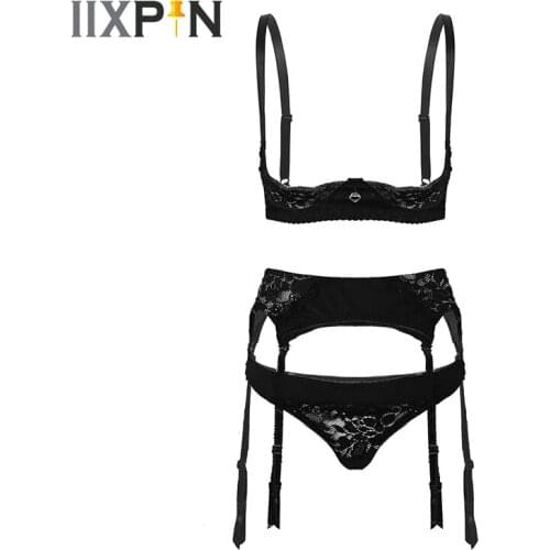 3Pcs Womens Erotic Lingerie Set Sexy Nightwear Sleepwear Erotic Underwear Set Lace Trim Bra Top With Garter Belt And Thongs