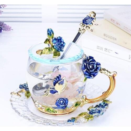 Creative Blue Rose Enamel Crystal Tea Cup Coffee Mug Butterfly Rose Painted Flower Water Cups Clear Glass with Spoon Set