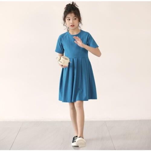 Girls Summer Retro Pleated Dress 2021 Children Casual Simple Dress For Kids Party Wear Costume