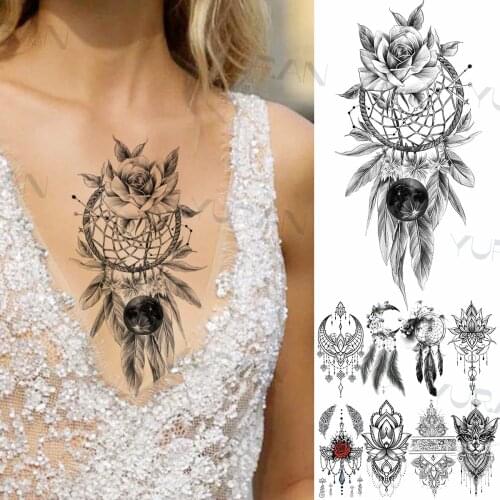 Dream Catcher Rose Flower Temporary Tattoos For Women Adult Henna Moon Feather Owl Fake Tatoos Realistic Sexy Chest Tattoo Paste
