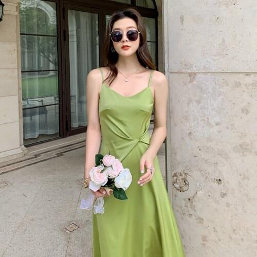 High Fashion Green Sling Dress for Womens Summer Party Formal Clothes Office Ladies Inner Wear Outfit Dresses Korean Style Girl