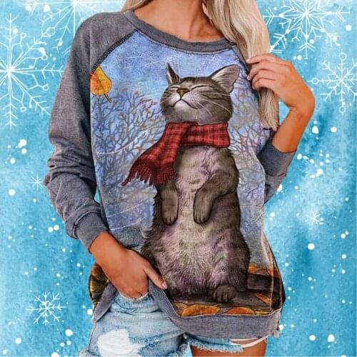 Fashion Women Plus Size O-neck Long Sleeve Cat Print Casual Sweatshirt Top Streetwear Women Sweatshirt Sudadera Mujer
