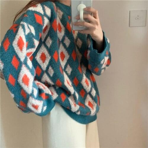 Mohair Vintage Chic Arygle Loose Oversize Winter Sweater New Sweet Outgoing Lazy Style All-match Pullovers 2020 Winter Fashion