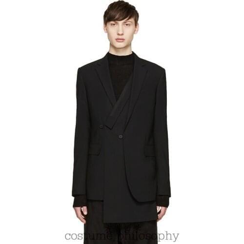 Homemade black business casual mens suit with double row button splicing design formal suit. S-6XL