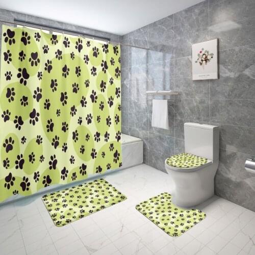 Dog Paw Bath Curtain Set 3/4 Pieces Cartoon Lovely Kawaii Shower Curtains Set Pedestal Rug Toilet Mat Set Shower Curtain Set
