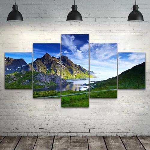 Wall Art 5 Panel Mountain Peak River Canvas Painting Printed Natural Scereny Poster Home Decor Living Room Modular Frame Picture