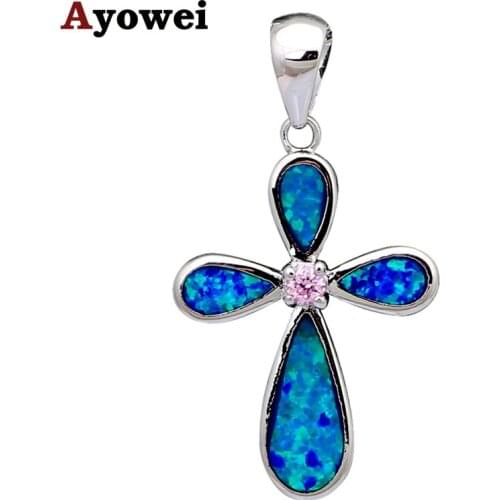 Maxi necklace Pink crystal Cross design Beautiful Blue Fire Opal Silver Stamped Pendants Dinner Fashion jewelry OPS573A