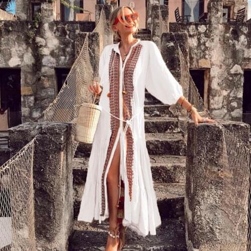 Retro Exotic Embroidered Midi Dress Summer V-neck Tassel Lace-up Loose Long Dresses Vintage Casual Woman Clothes Bohemian Dress