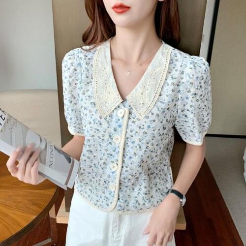 QOERLIN Florals French Gentle Shirts Puff Sleeve Printed Shirts Cardigan Elegant Sweet Summer Chic Office Lady Blouses Tops 2021