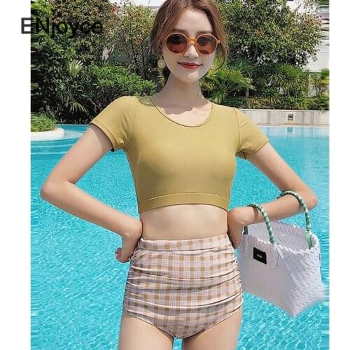 Split Short Sleeve Cropped Top Bikini 2 Piece Set 2021 Sexy Cover Up Swimsuit Women Swimwear Swimming Bathing Suit Beach Wear