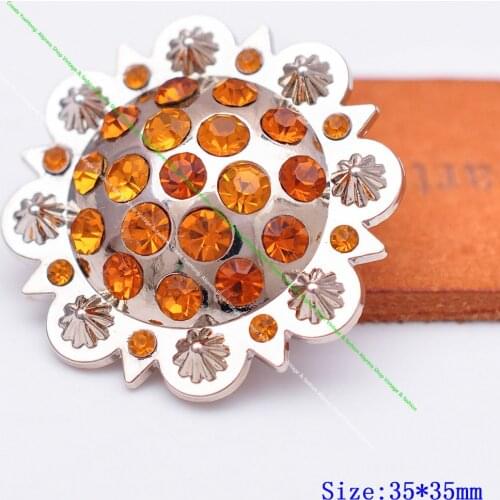 6PC 35MM Western Horse Berry Saddle Breast Leathercraft Yellow Rhinestone Crystal Bling Silver Belt Metal Concho Screwback