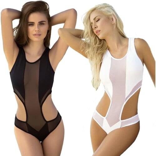Sexy Splicing Mesh Sheer One Piece Swimsuit Women Transparent Swimwear High Cut Out Monokini See Through Bathing Suit Bodysuit