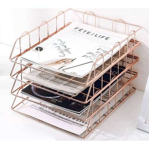Stackable Storage File Tray Gold Rose Gold Metal Basket Student Business Office Organizer Holder for A4 Paper Magazine Newspaper