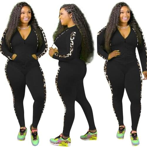 Patchwork Leopard Print 2 Piece Sets Woman Black Outfits Zipper Up Hoodie Top Coats And Pants Women Tracksuit Sport Wear Suit