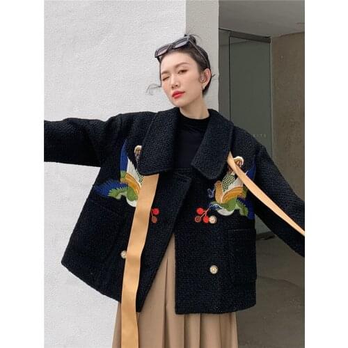 Vintage Fashion Design Black Lace-up Woolen Coat Women Elegant Embroidery Birds Loose Outerwear 2021 Korean Clothes