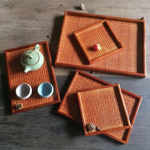Japanese pure handmade rattan bamboo cup tea tray European rectangular saucer fruit dish plate household wooden pallet tableware