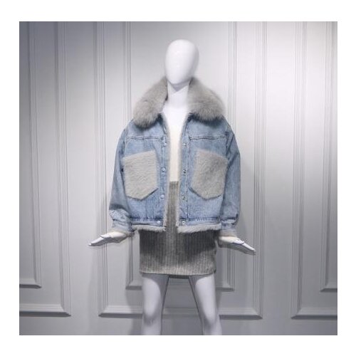 2020 winter new fur pockets fox fur Real natural thick short denim jacket women short coat female jacket