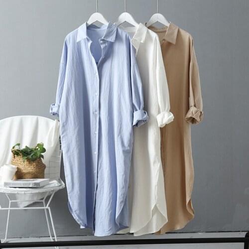 2021 Summer mid-length shirt womens cotton-linen loose Top sun protection Blousers coat lapel midi-sleeve Button Ruffles hem