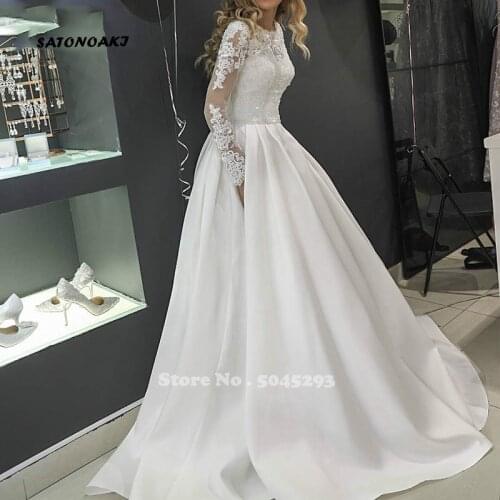 2020 Elegant Long Sleeve O-Neck Satin Wedding Dress Sweep Train Vestidos De Novia Bridal Gowns Lace Robe Mariage Online Shop