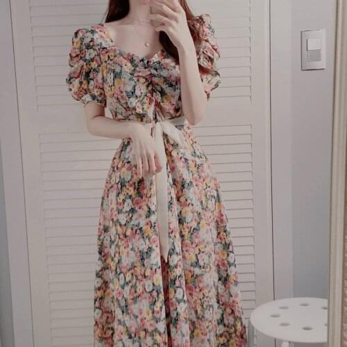 Dress Women 2020 Summer Short Bow Print A-Line Chiffon Lantern Sleeve Empire V-Neck Dresses Elegant Vintage Dress Women 0634