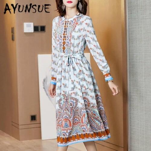 Real Silk Dress Women Print Floral Beach Dresses Fashion Midi Party Dress Elegant Vintage Women Dress Ropa Mujer F5015 YY2527