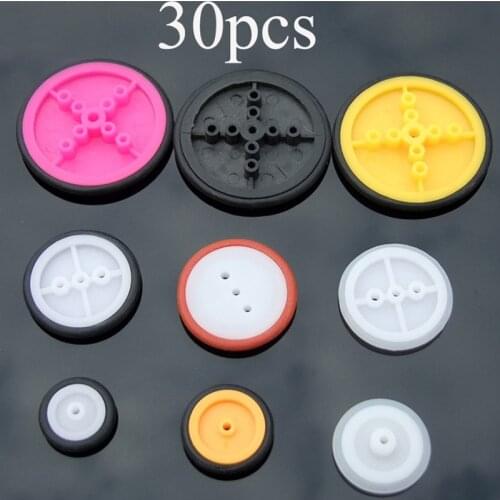 30PCS DIY Toys Parts Multi-size Colorized Small Wheels Rubber Mini Tires Belt Pulley TT Motor Wheel Dia 18/20/22/30/33/39/45.3mm
