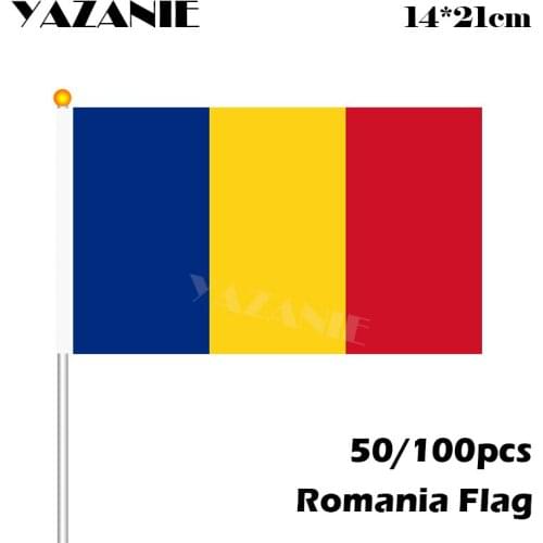 YAZANIE 14*21cm 50/100pcs Romania Fabric Flags with Plastic Hand Held Indoor Outdoor International Banner Hanging Flagpole Flag