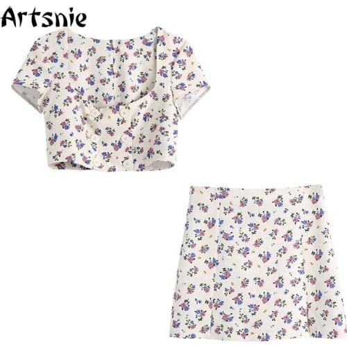 Artsnie Summer 2021 Floral Print Women Tracksuit Crop Tops A Line Skirt Female Two Piece Set Vintage Ladies Suits Tracksuits