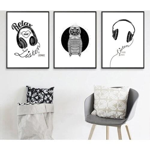 Astronaut and Earphone Child Wall Art Print Canvas Painting Nordic Poster Black White Cartoon Wall Pictures Kids Room Decor