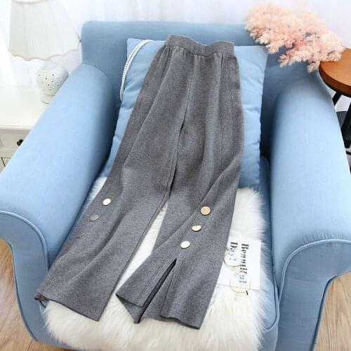 Knitted wide-leg pants womens autumn and winter loose straight high waist drape 2020 new autumn black nine points casual pants