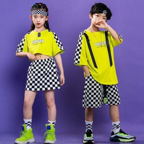 Kids Concert Hip Hop Clothing Yellow Crop T Shirt Streetwear Checkered Summer Shorts Skirt for Girls Boy Dance Show Costume
