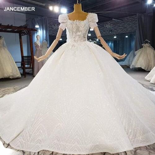 HTL2060 Elegant Extravagant Sequin Crystal Pearls Wedding Dress 2021 Square Collar Neck Short Sleeve Lace Up Back