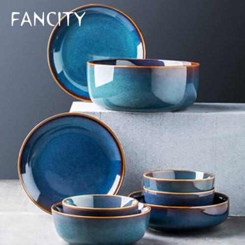 FANCITY Retro ceramic tableware household dishes, dishes, steak dishes, rice bowls, soup bowls, noodle bowls, Nordic solid color