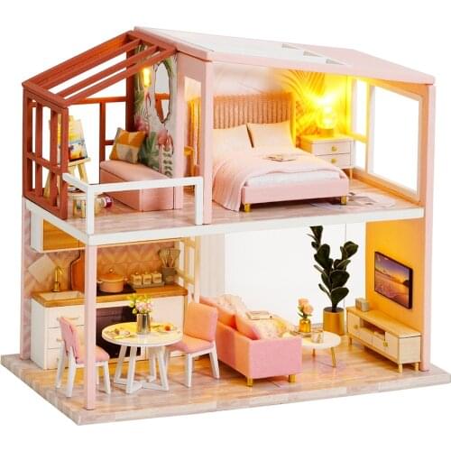 Doll house Furniture Wooden Miniature DIY Kit with Dust Cover Assemble Crafts Toy Best Birthday Gift For Children Girl