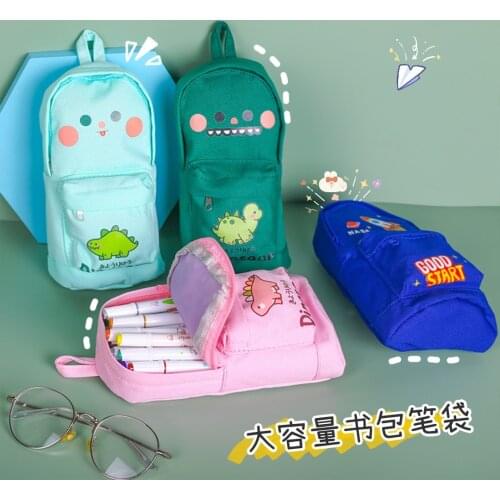 Cute dinosaur Pen Bag Pencil Case Two Layer Foldable Stand Fabric Phone Holder Storage Pouch for Stationery Office School
