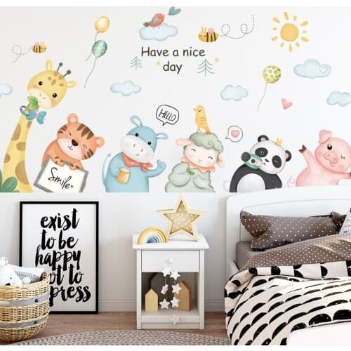 Wall Stickers Panda Giraffe Rhinoceros Pig Tiger Cartoon Animal Background Wall Childrens Room Bedroom Kindergarten Art Mural