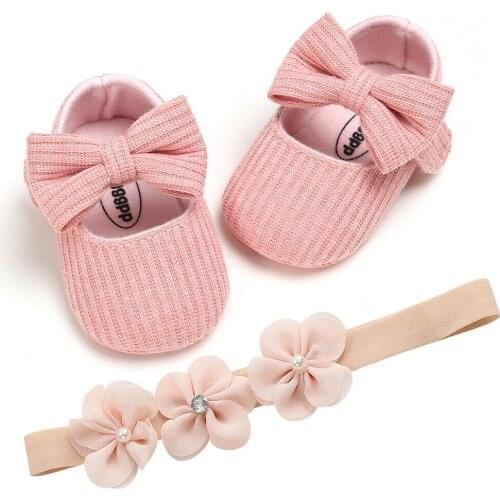 Pudcoco Spring Autumn Toddler Baby Girl Crib Shoes Kids Bowknot Soft Sole Non-slip Prewalker Dress Shoes + Headband 0-18M