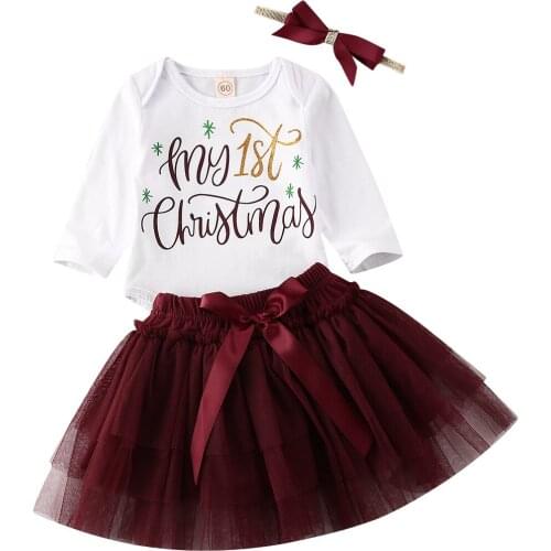 Pudcoco My 1st Christmas Baby Girls Clothes Newborn Baby Long Sleeve Romper Mesh Tutu Skirt 3pcs Cotton Xams Clothing Outfits