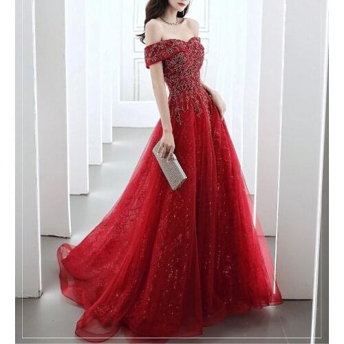 Luxury Burgundy Evening Dresses Off Shoulder Sequin Lace Beaded Wedding Party Dress 2021 Boat Neck Long A-line Formal Prom Gowns